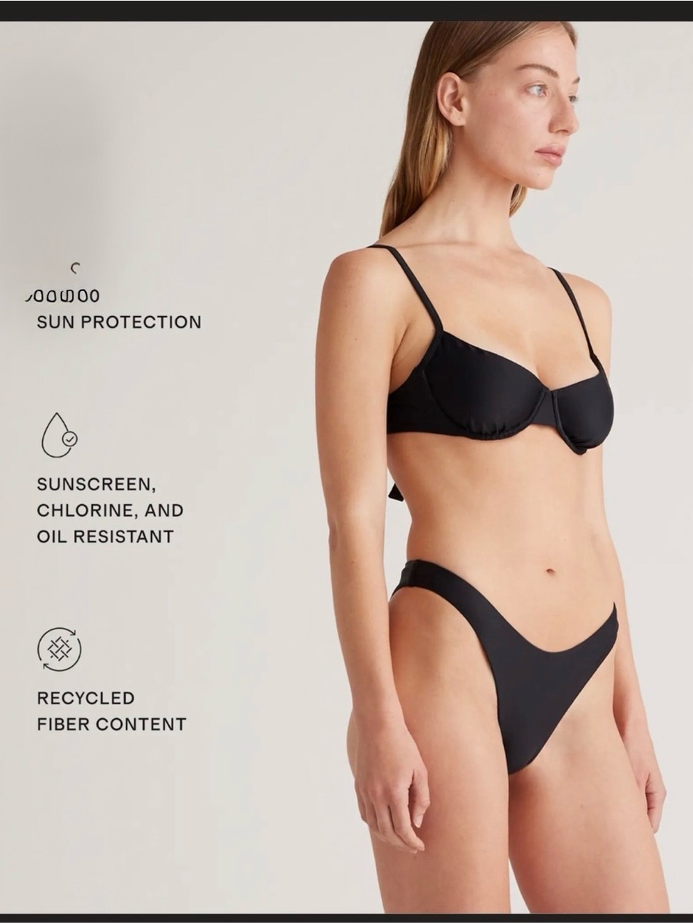 Underwire Bikini Top Black Size L NWT Adjustable Tie Back UPF 50+ Quince Italian